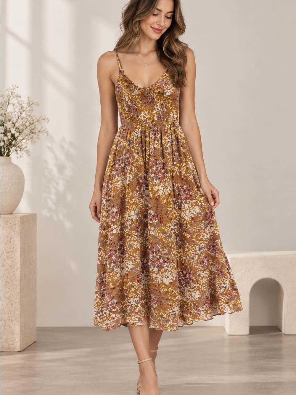 Floral Smocked Midi Dress Size S Mustard Boho Sundress